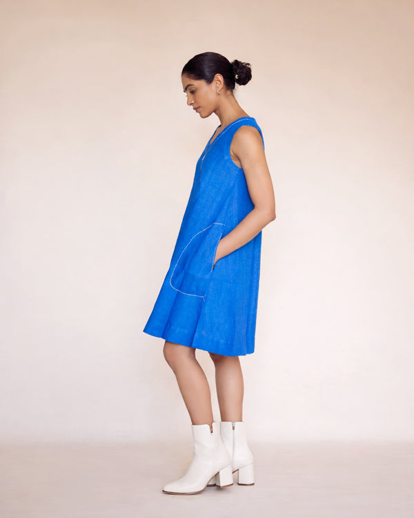 Blue linen plain dress