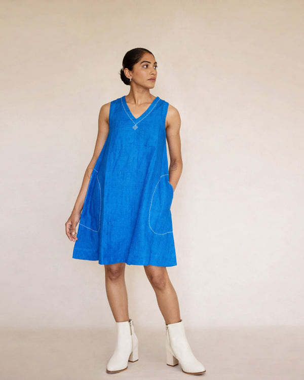 Blue linen plain dress