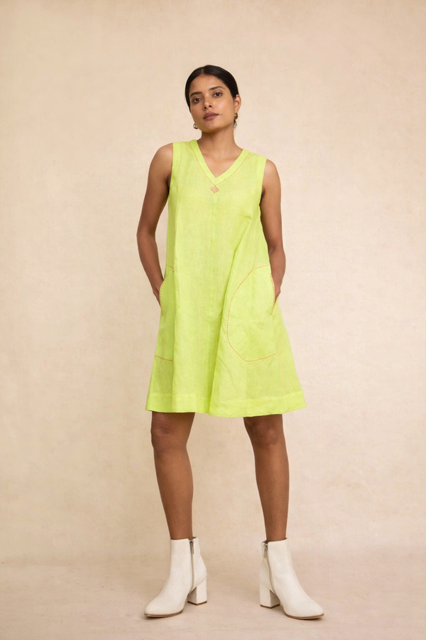Green linen plain dress