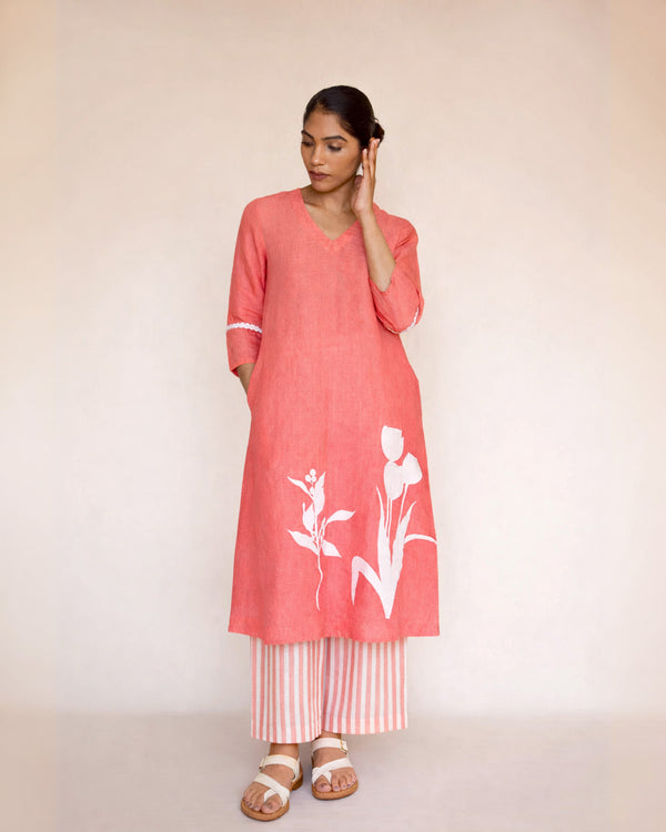 Peach linen Applique kurta set