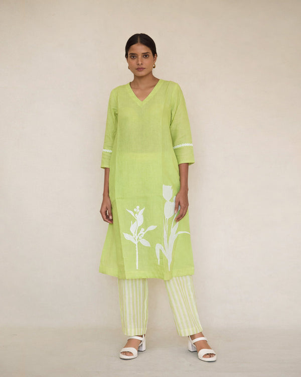 Green linen Applique kurta set