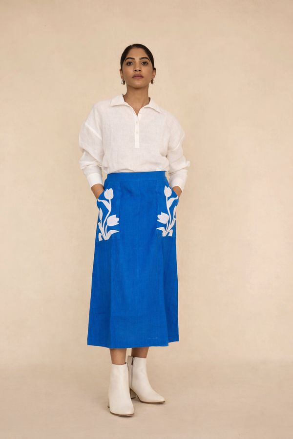 Blue skirt and off white linen shirt set