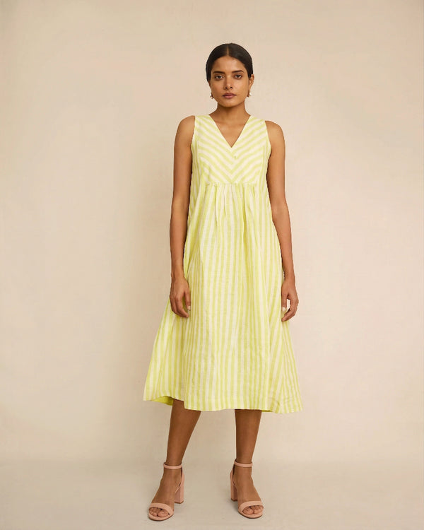 Green linen stripe dress