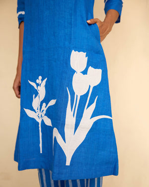 Blue Linen Appliqué Kurta Set