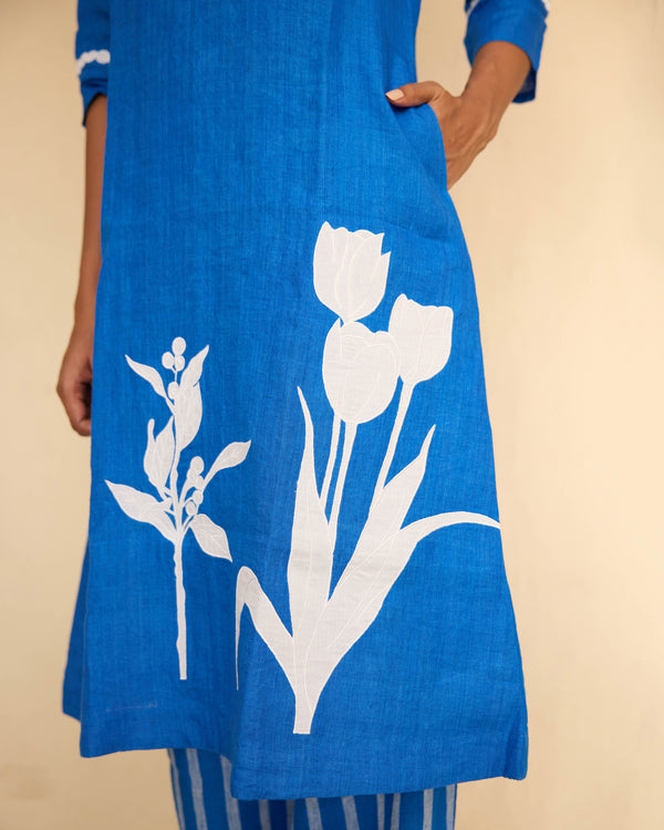 Blue linen Applique kurta set