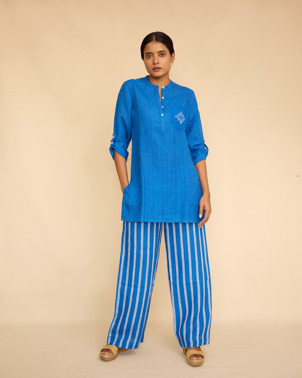 Blue linen short kurta pant set