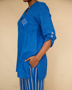 Blue Linen Short Kurta & Pant Set