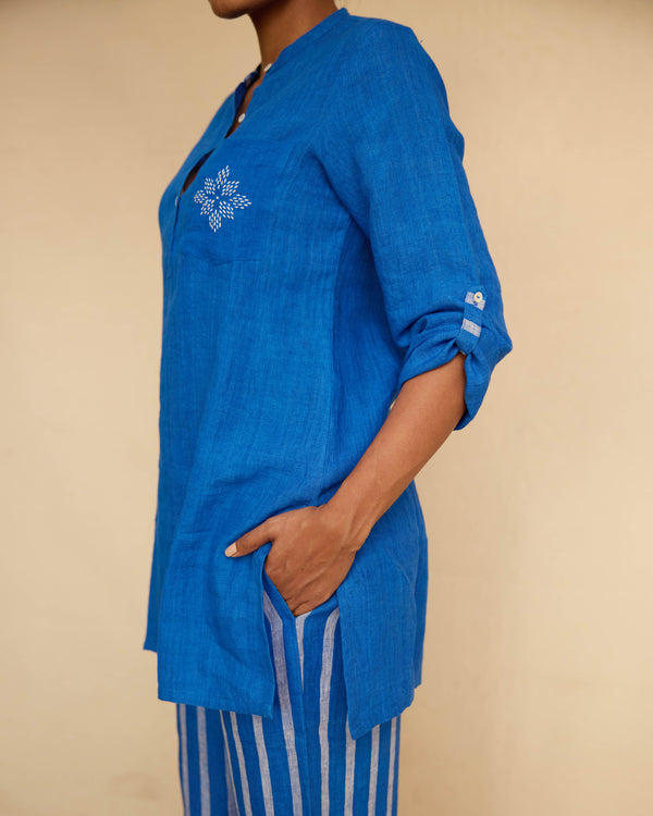 Blue linen short kurta pant set