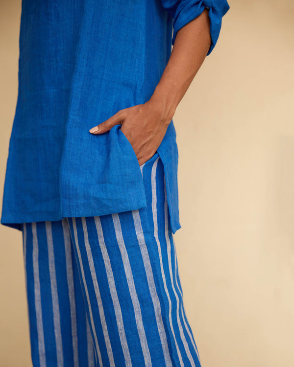 Blue linen short kurta pant set