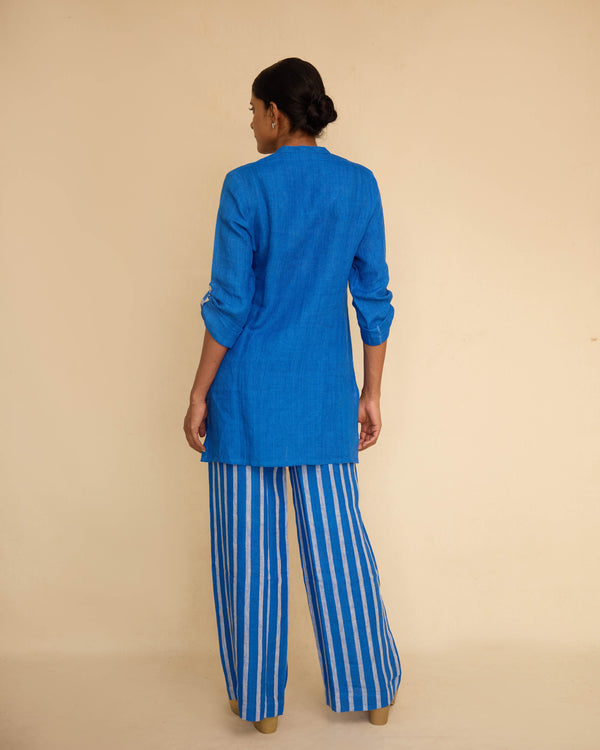 Blue linen short kurta pant set