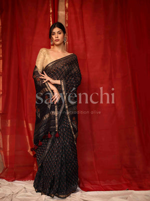 Krishna handloom silk small traditional butti black bagru maheshwari saree