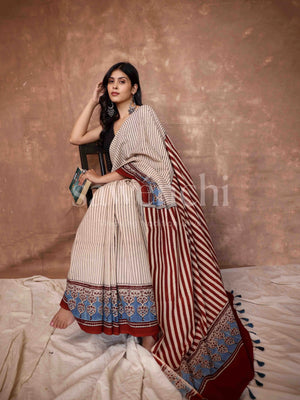 Niva beige stripe cotton ajrakh saree