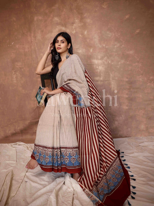 Niva beige stripe cotton ajrakh saree