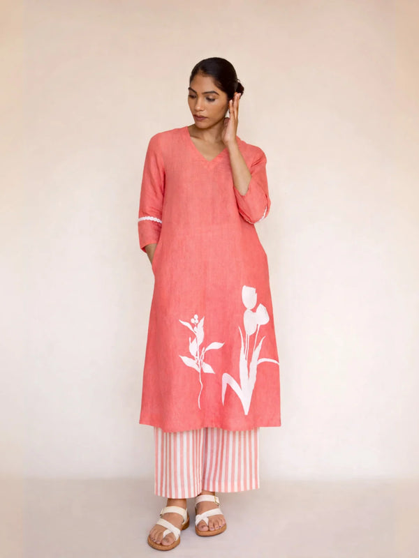 Peach Linen Appliqué Kurta Set