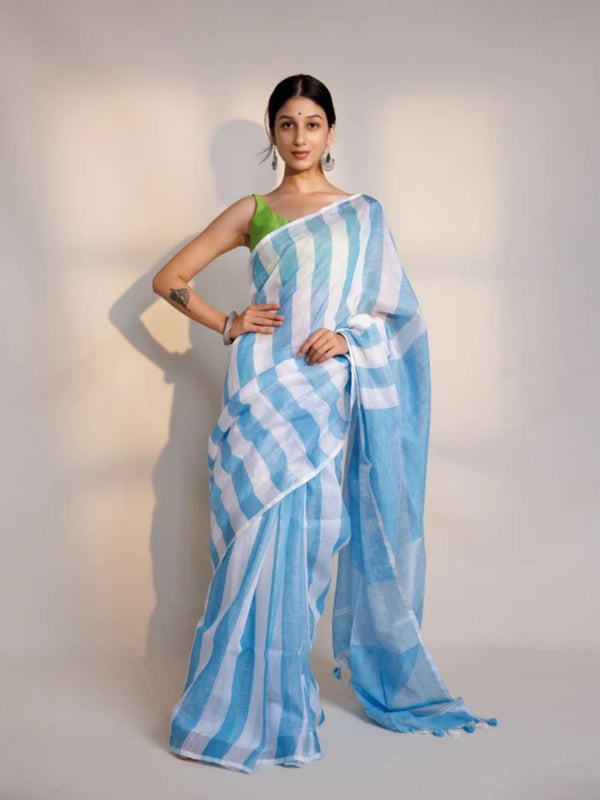 Blue white stripe linen saree