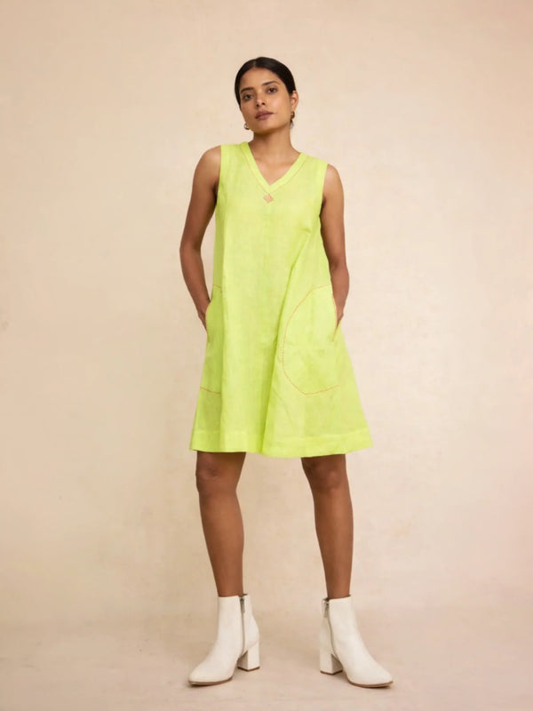 Green Linen Plain Dress