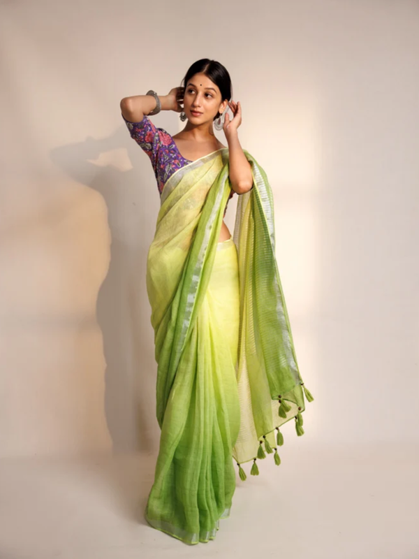 Yellow white stripe linen saree
