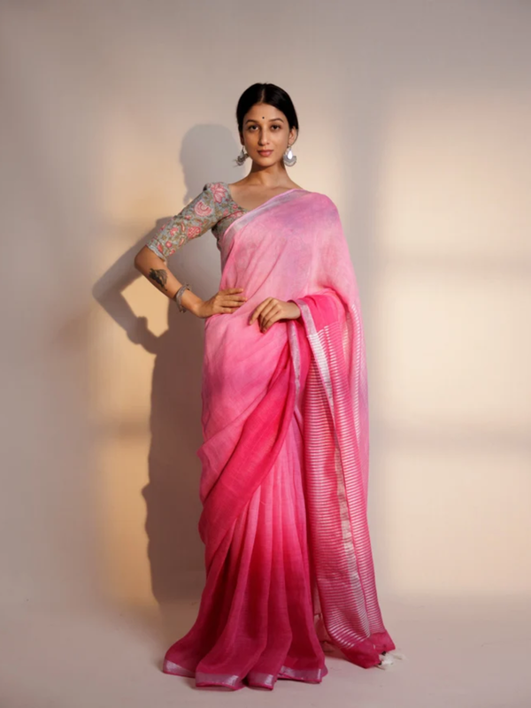 Yellow white stripe linen saree