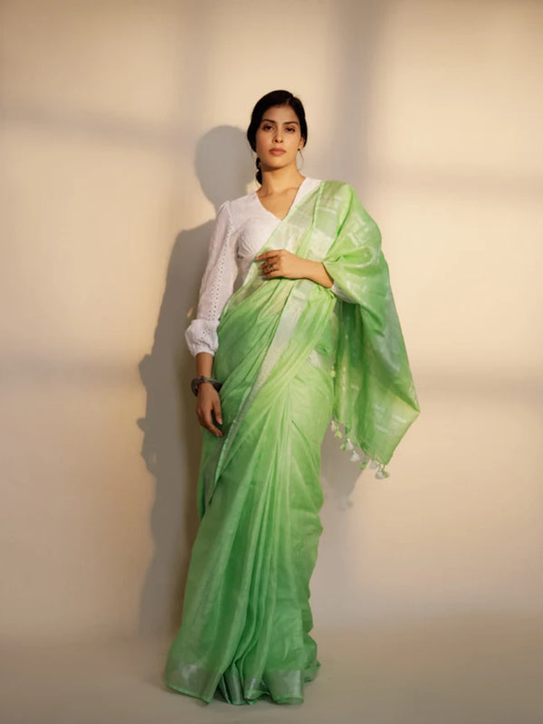 Plain green linen saree