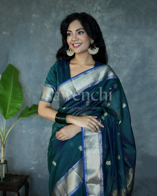 Peacock blue lotus saree